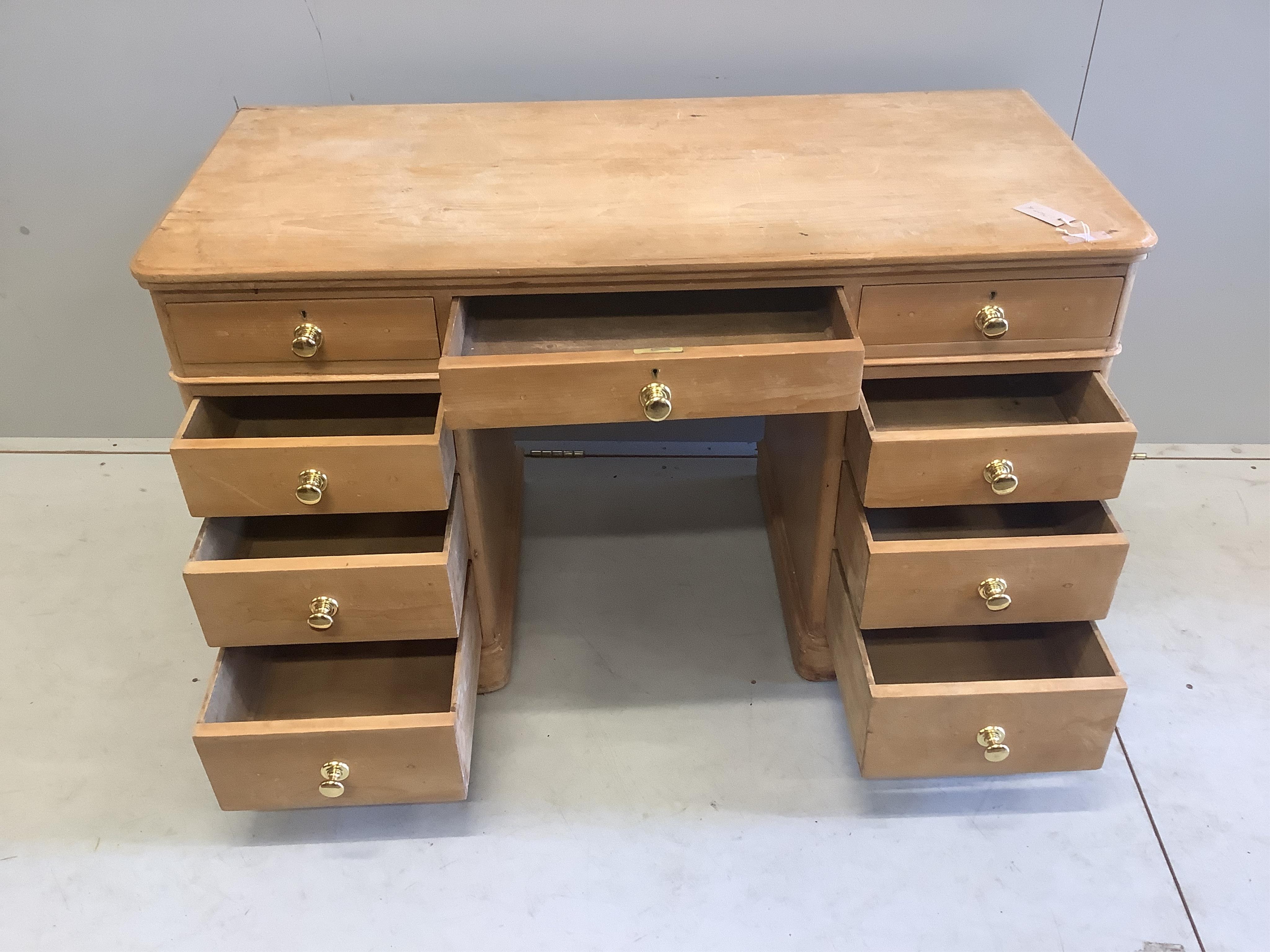 A Victorian pine kneehole dressing table, width 121cm, depth 55cm, height 73cm. Condition - fair